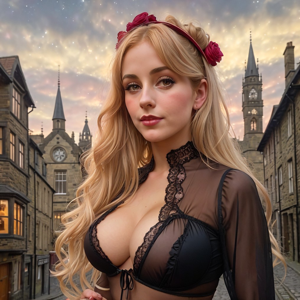 Young Woman in Historic Street at Twilight