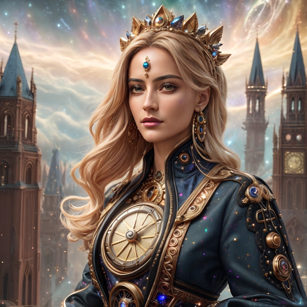 Regal figure in blue coat with cosmic backdrop