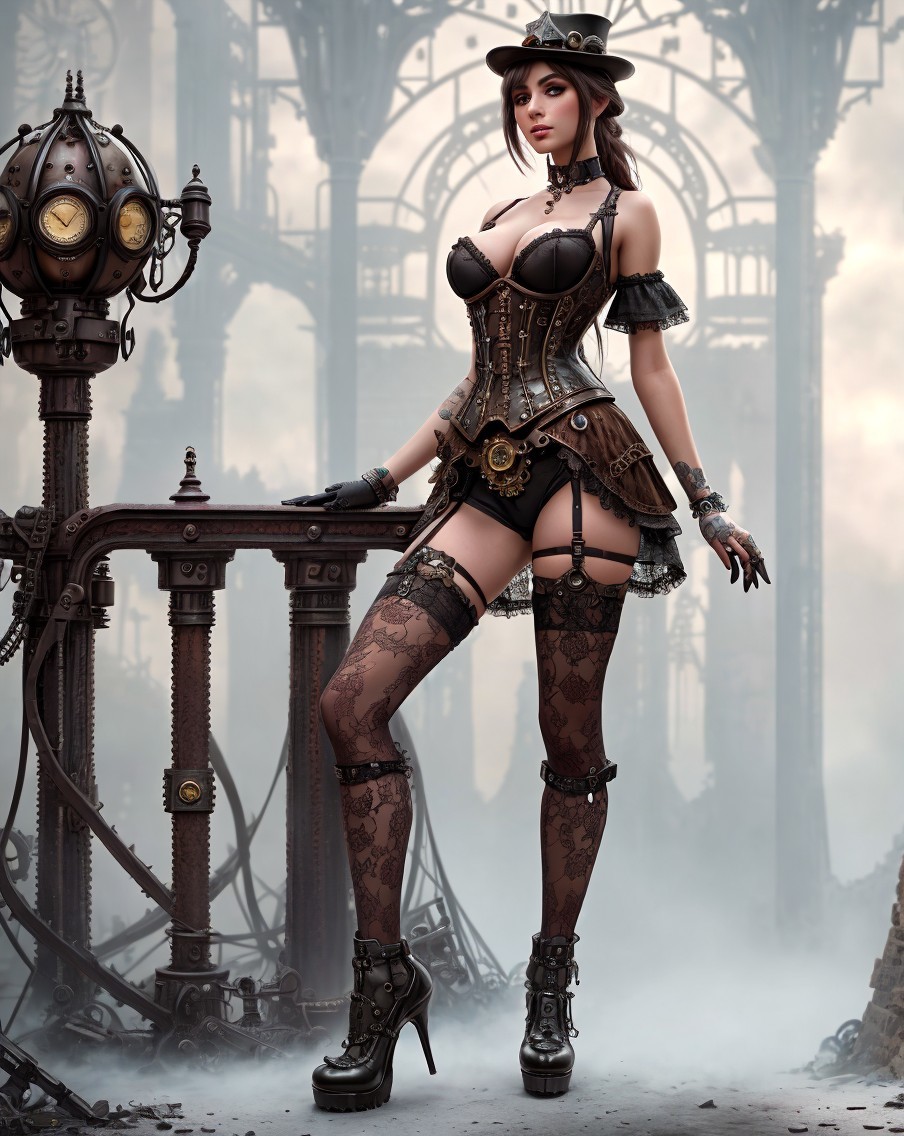 Steampunk Female Character in Foggy Industrial Setting