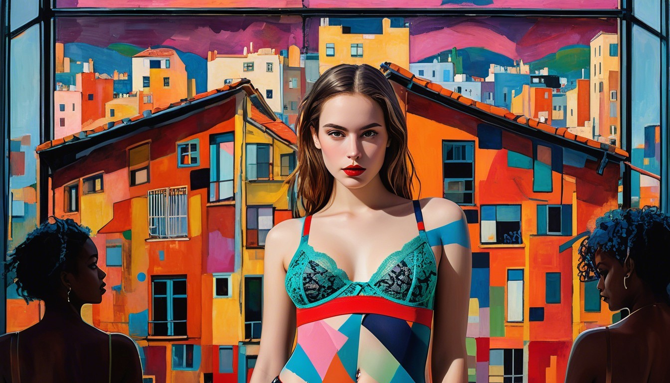 Confident Woman in Colorful Lingerie Against Cityscape