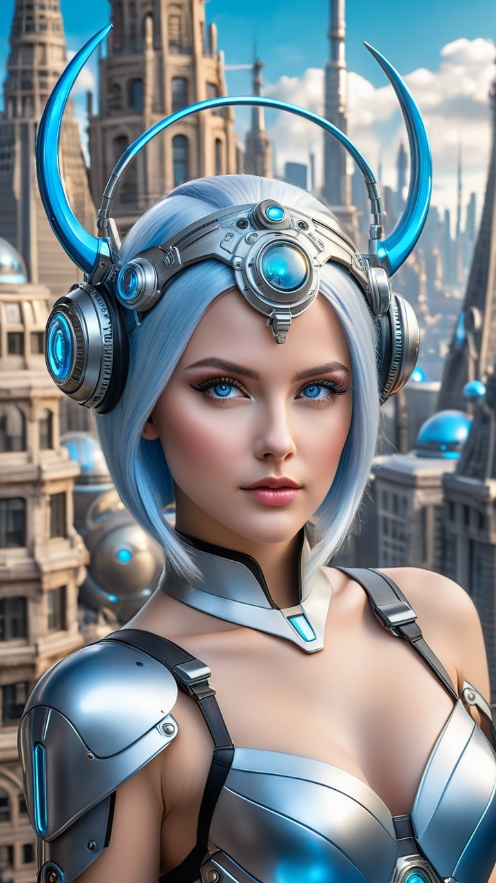 Futuristic female figure in metallic outfit with cityscape