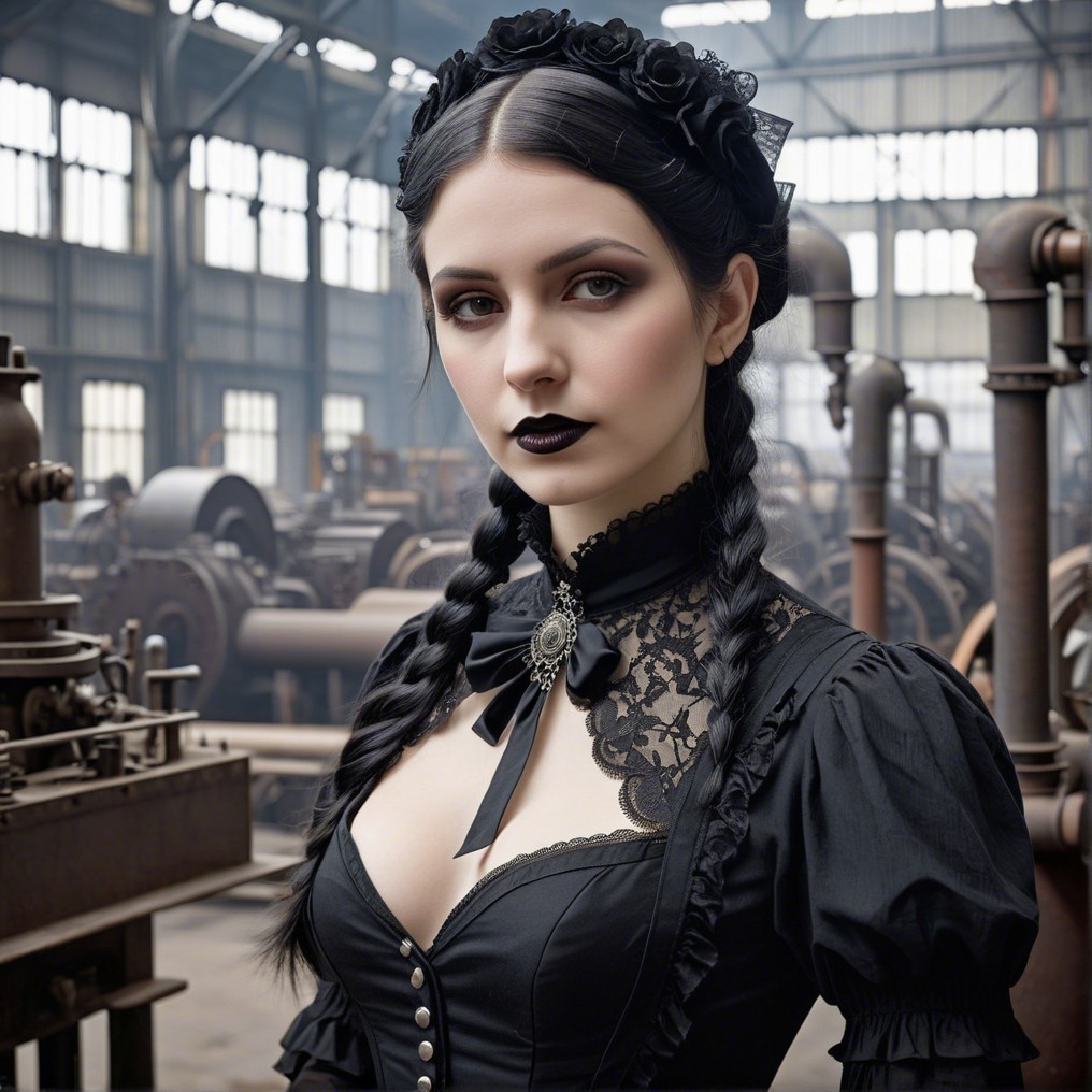 Young Woman in Victorian Outfit in Industrial Setting