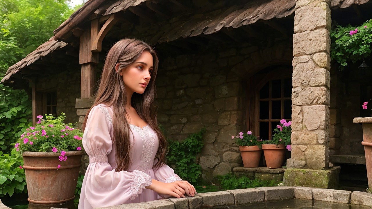 Young woman in pink dress by stone water feature