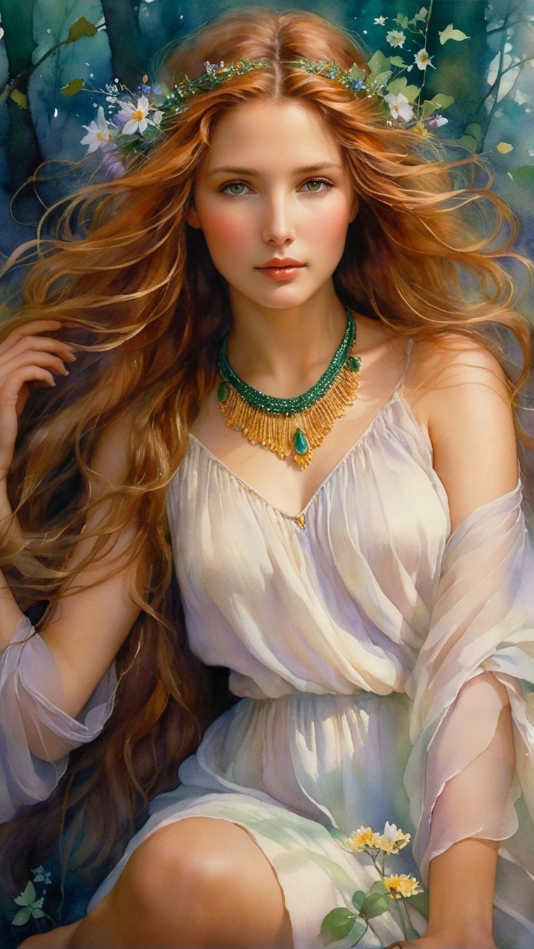 Young woman in flowing dress with floral accents