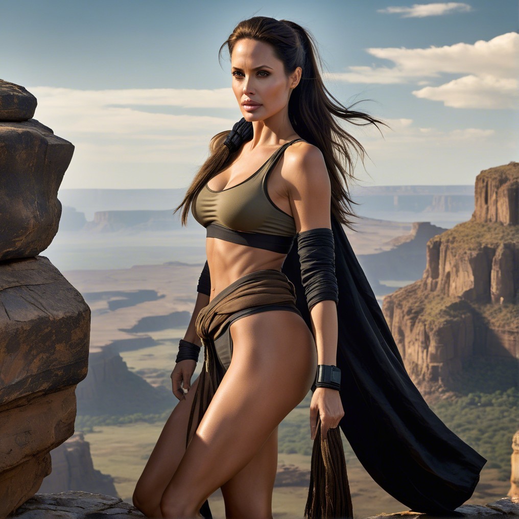 Confident Woman on Rocky Outcrop with Scenic Landscape