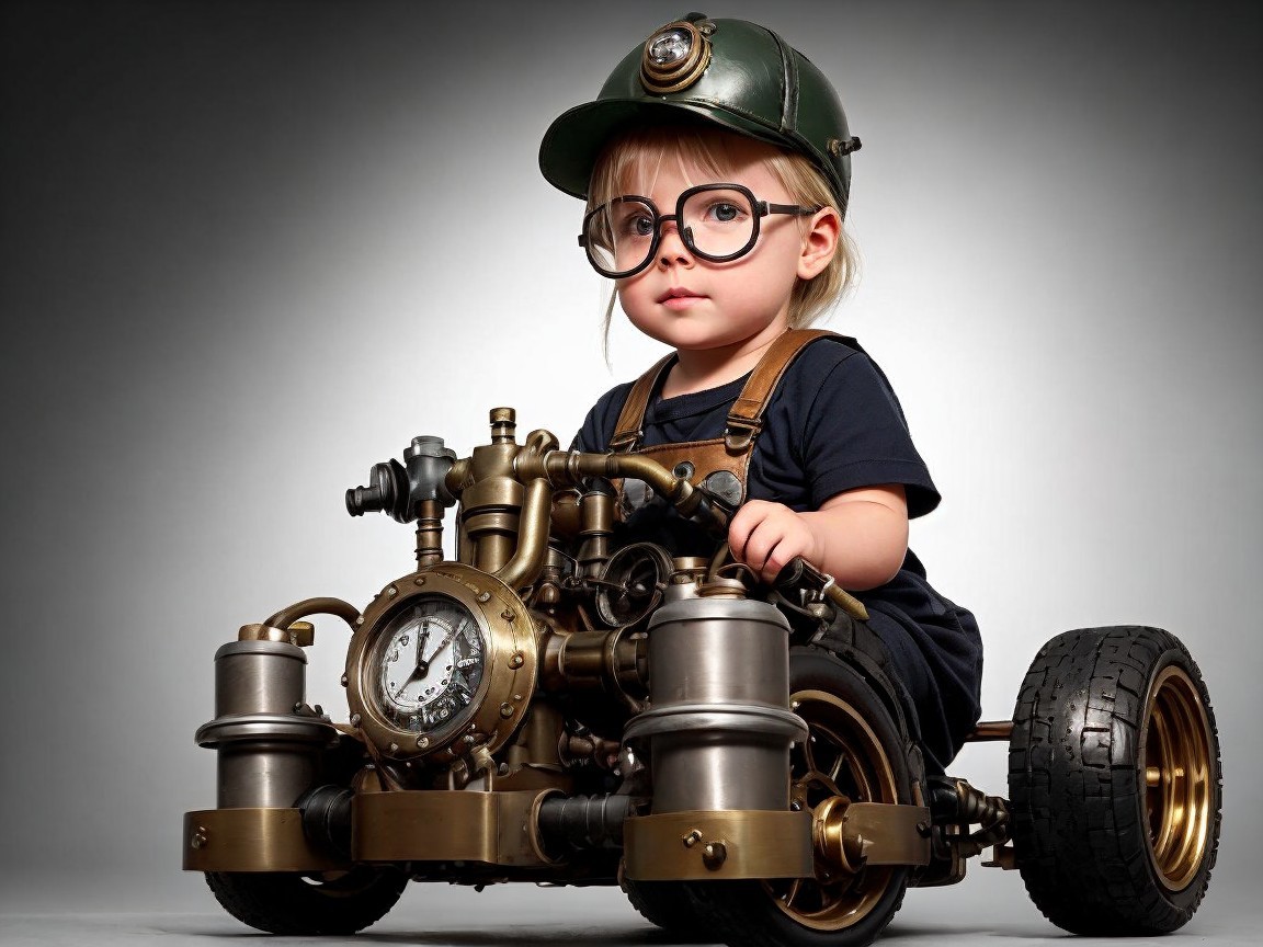 Child in vintage miner's helmet on steampunk go-kart