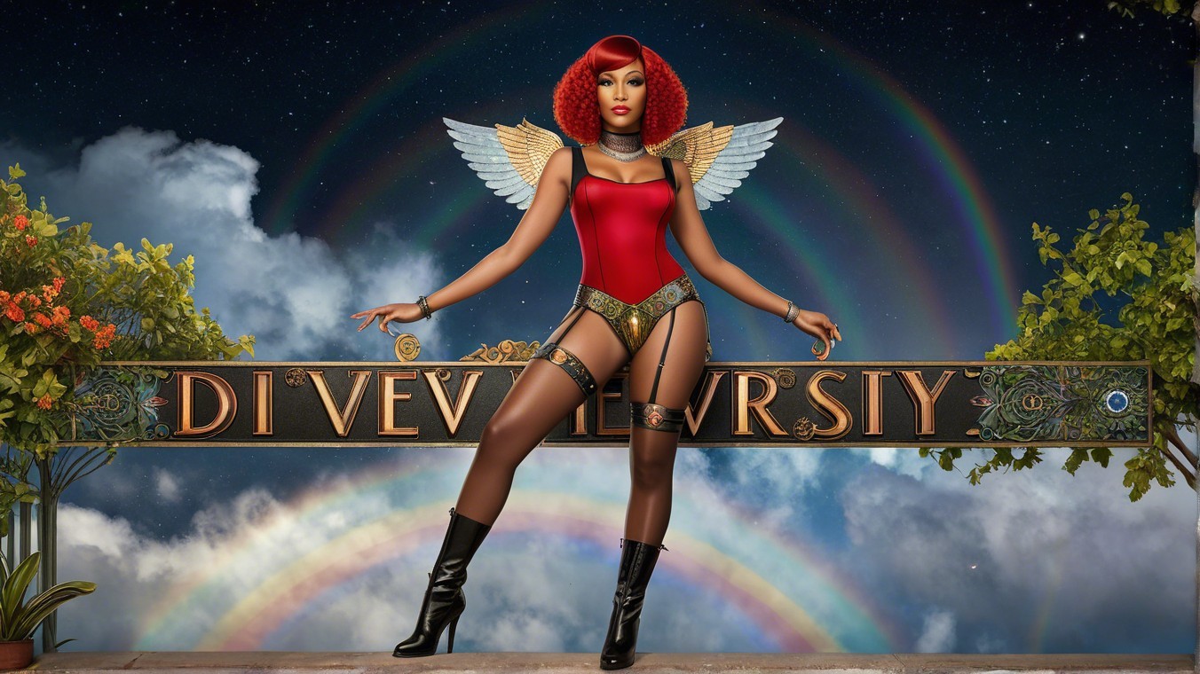 Bold Figure in Red Outfit Against Vibrant Rainbow Backdrop