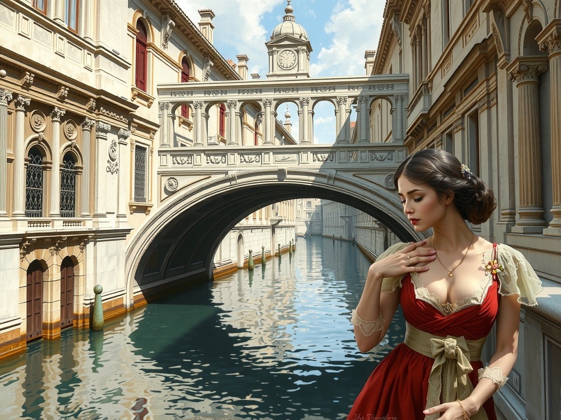 Serene canal with ornate architecture and a woman in red