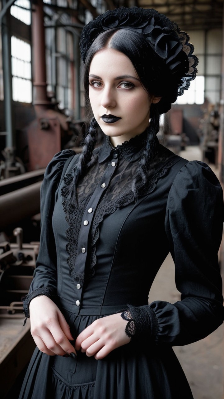 Young Woman in Victorian Gown in Industrial Setting