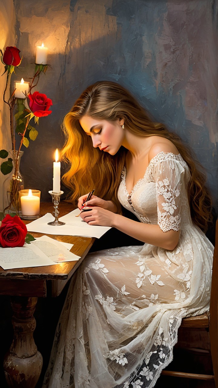 Young woman writing at candlelit wooden table