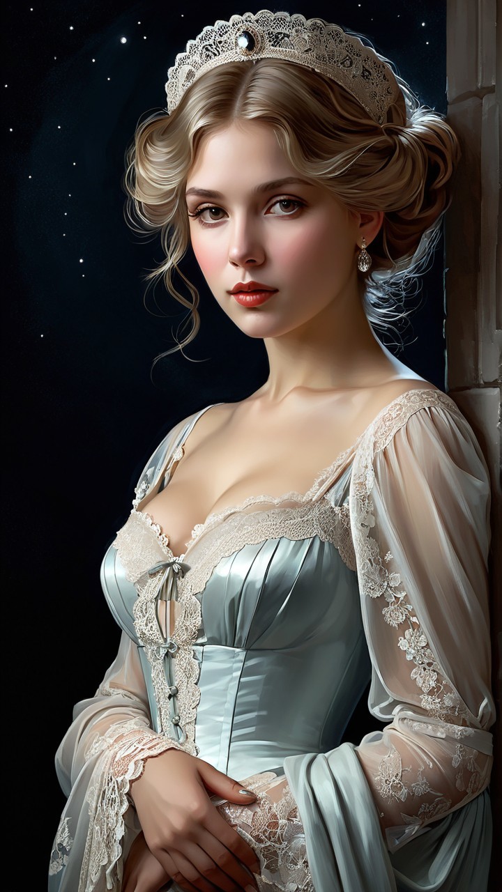 Young woman in light blue gown against starry night