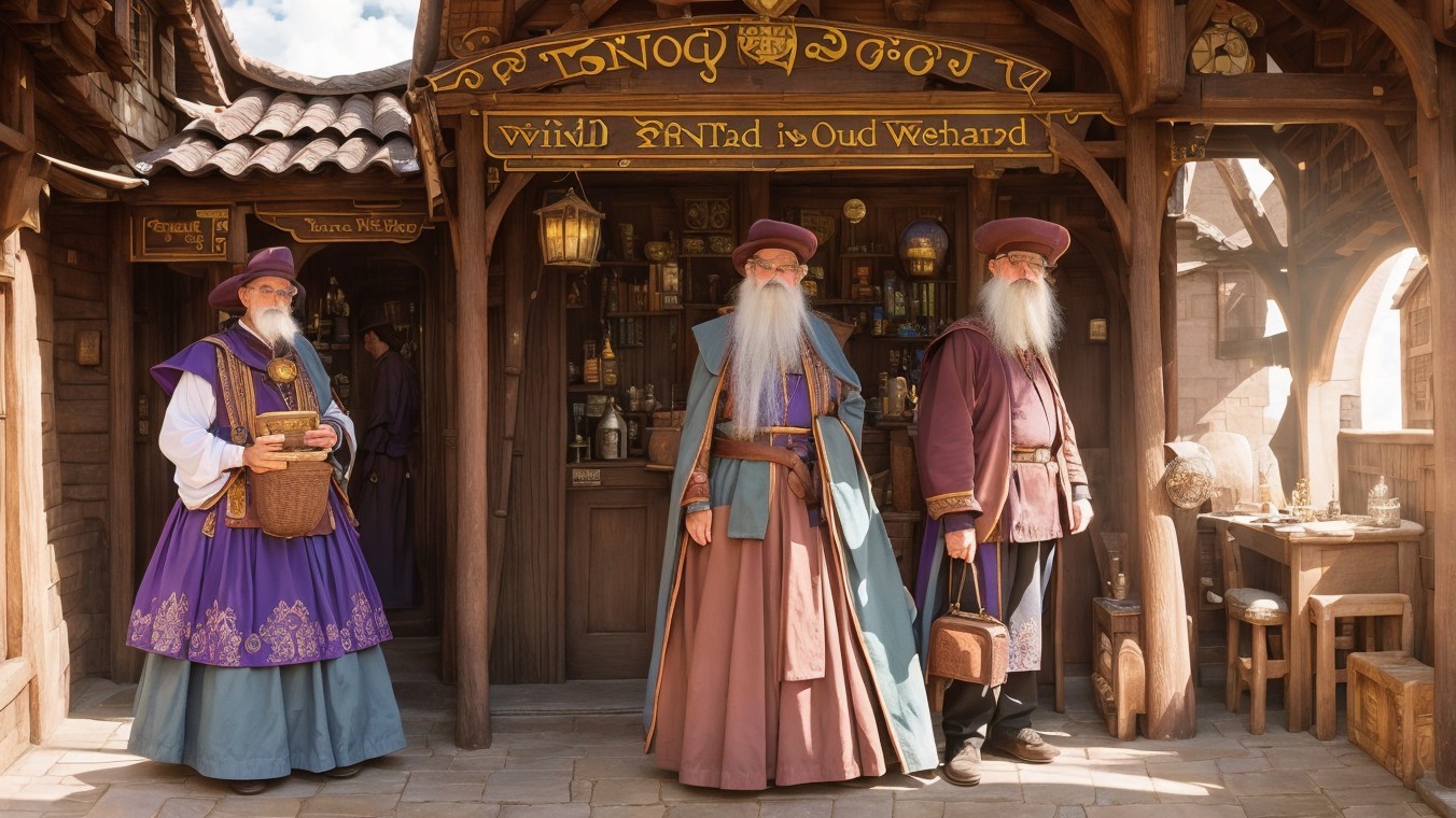 Elegantly Dressed Figures Outside Apothecary Shop