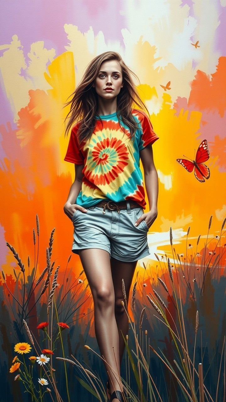 Young Woman in Tie-Dye Shirt Against Colorful Sunset