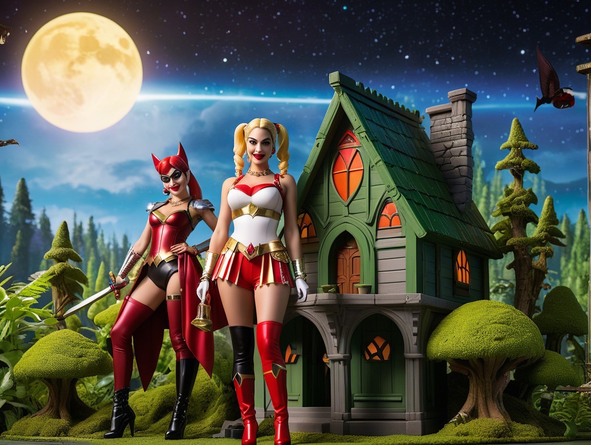 Stylized Female Action Figures in Moonlit Scene