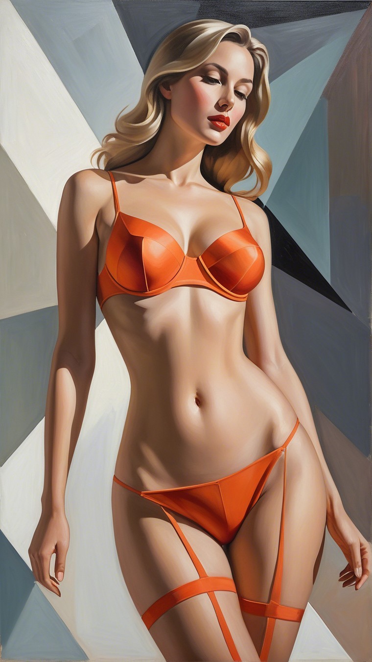 Full-body portrait of a woman in orange lingerie