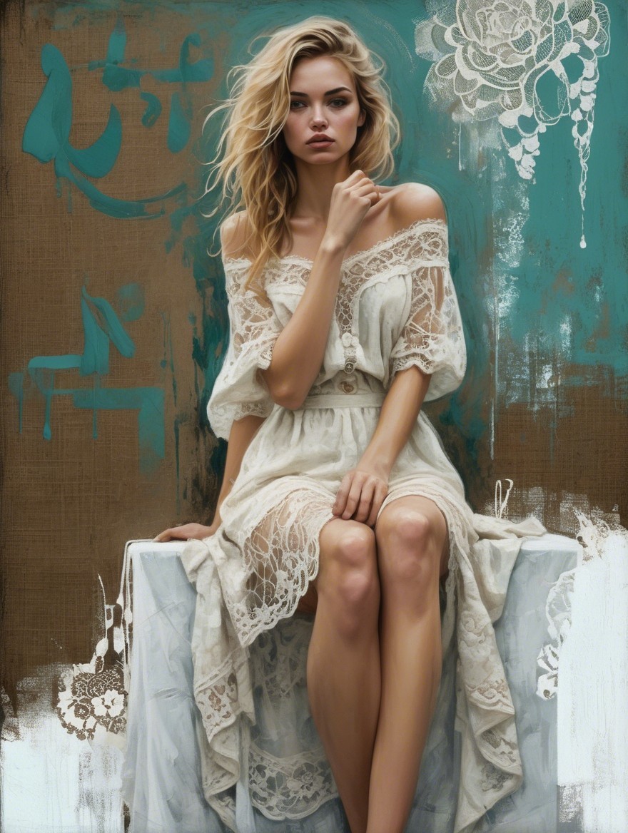 Young woman in off-white dress with serene expression