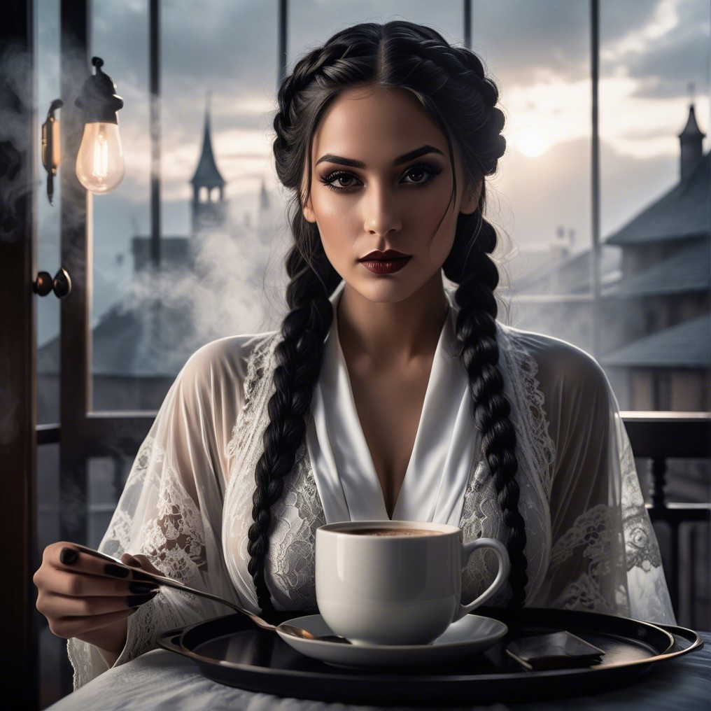Serene Woman in White Robe with Coffee in Misty Landscape