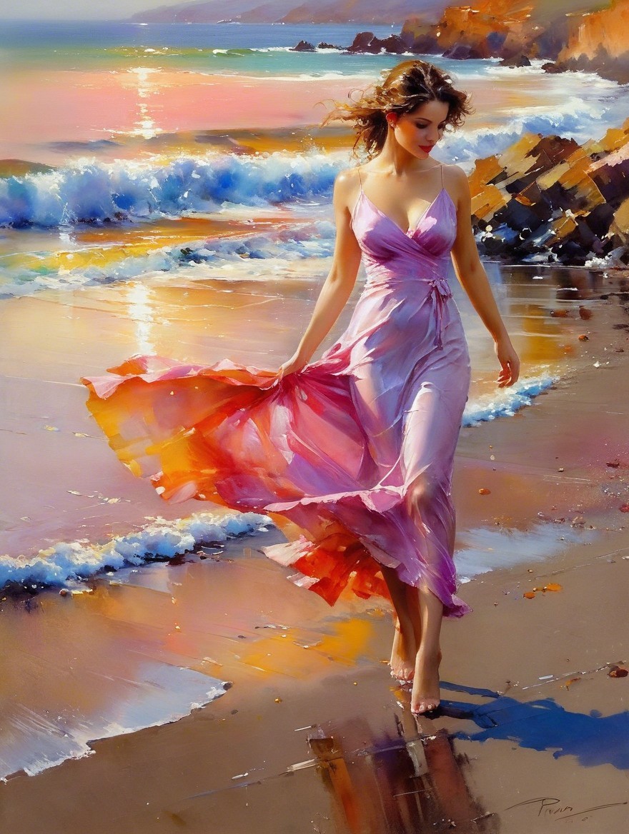 Woman in Pink Dress at Sunset Beach Scene