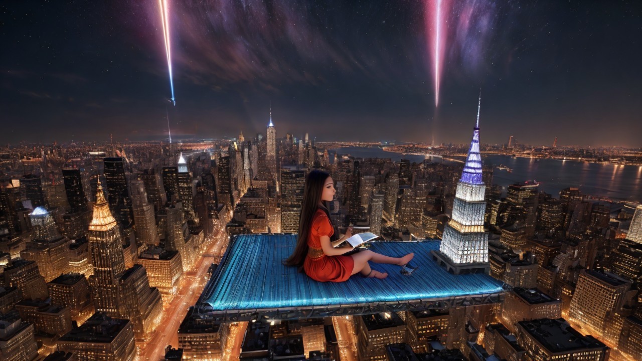 Girl in Red Dress Reading Over New York City Skyline