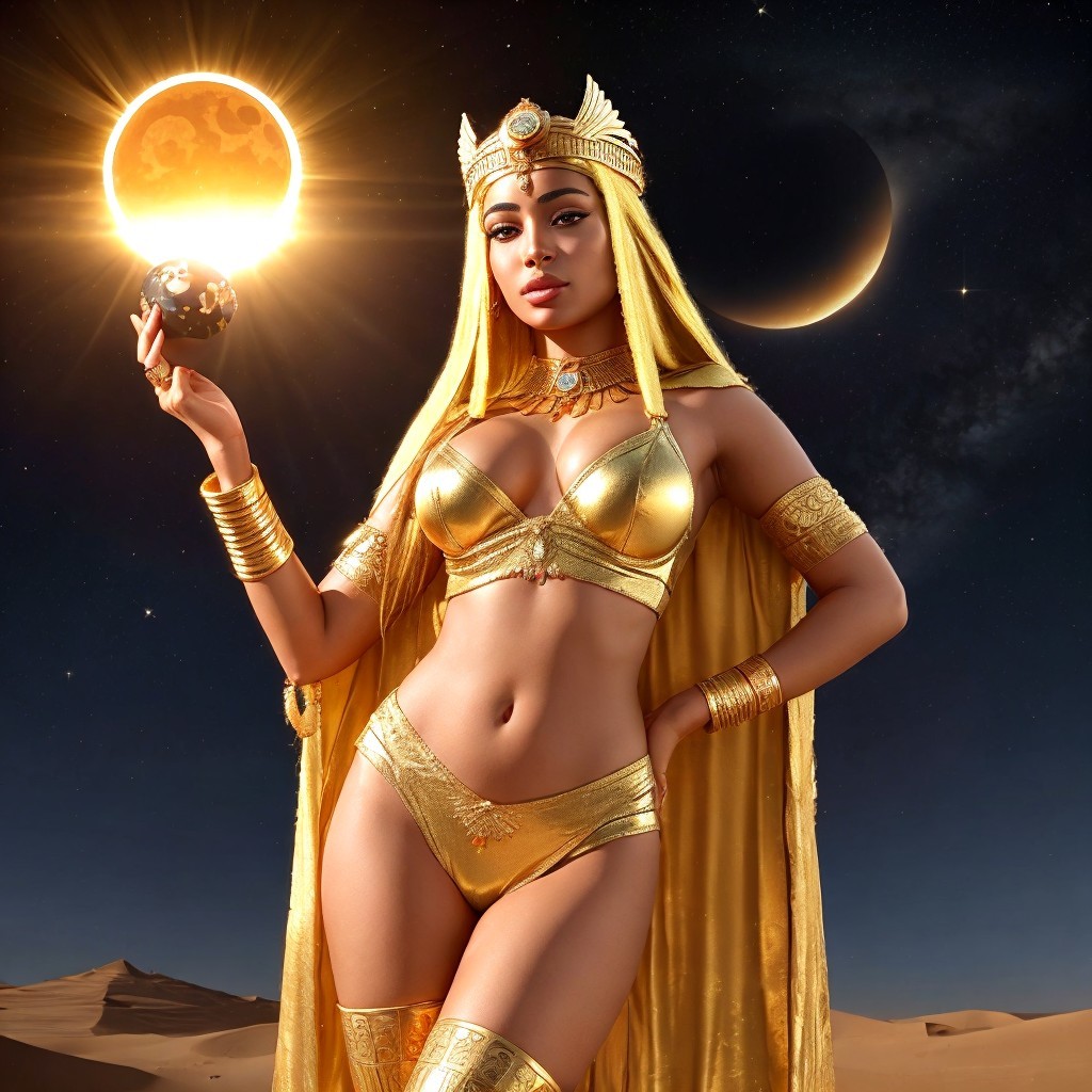 Cosmic Figure in Gold Attire with Celestial Elements