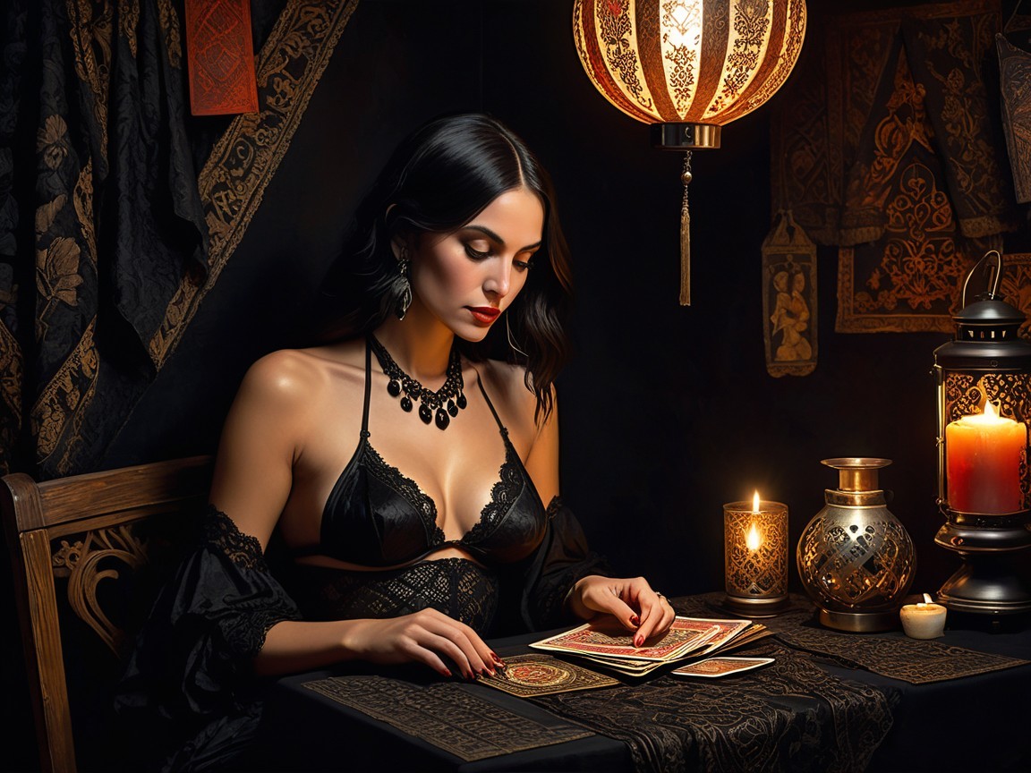 Mysterious Woman with Tarot Cards in Dim Light
