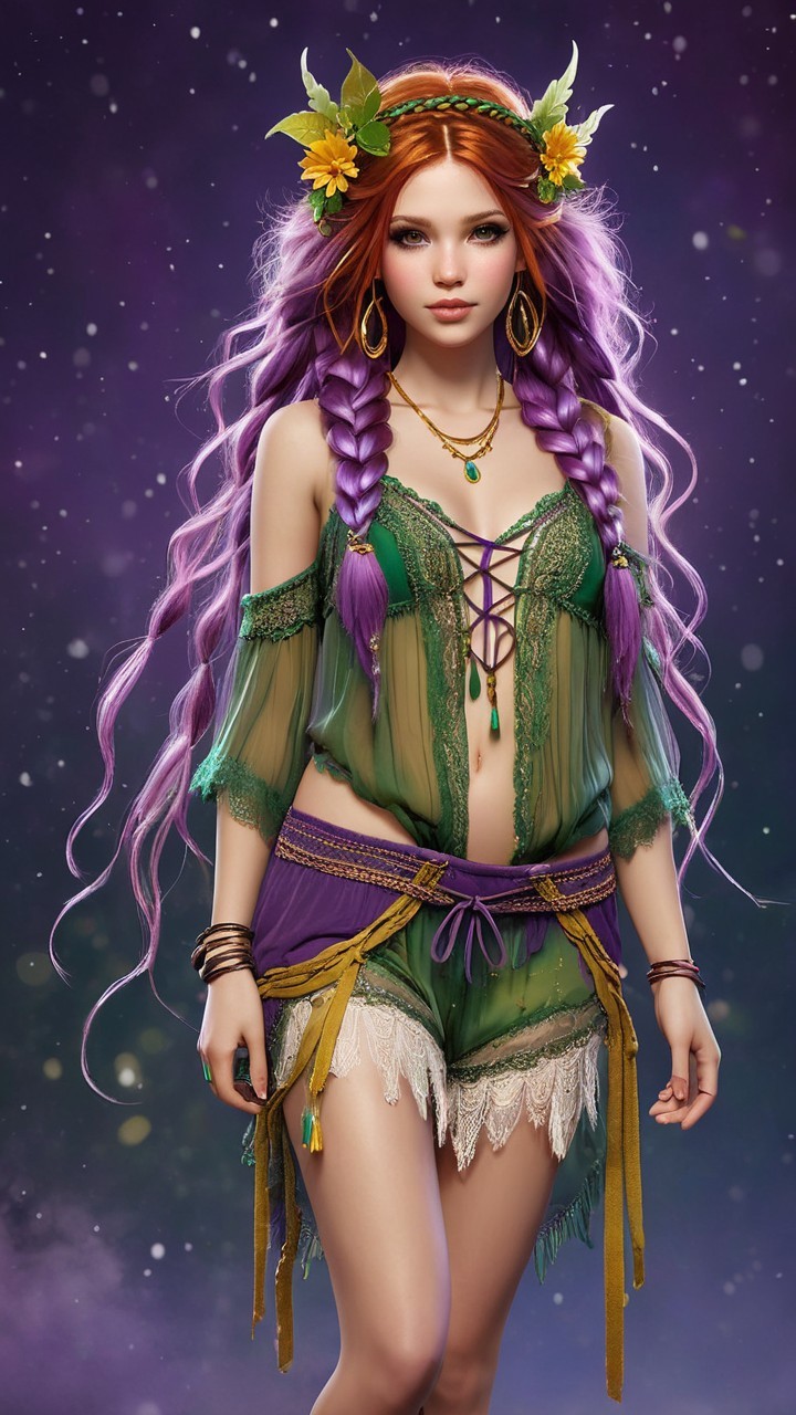 Mystical Figure in Green and Purple Outfit with Sunflowers