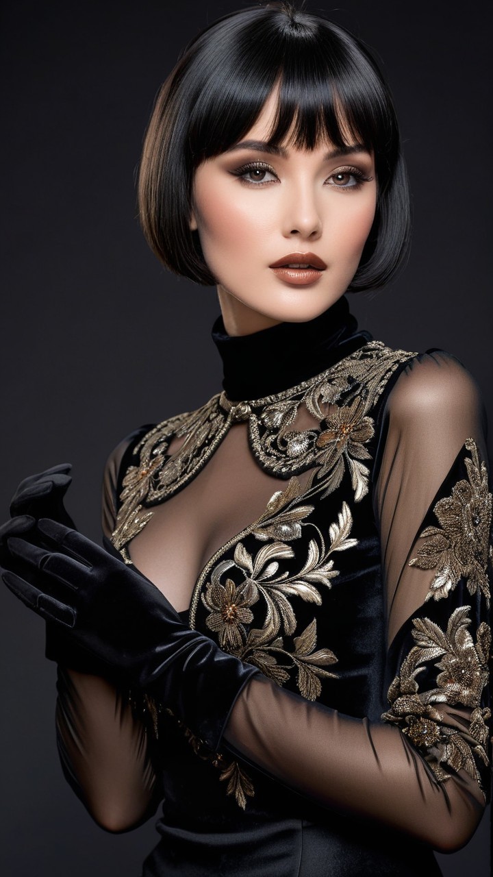 Elegant gown with gold embroidery and sleek bob hairstyle