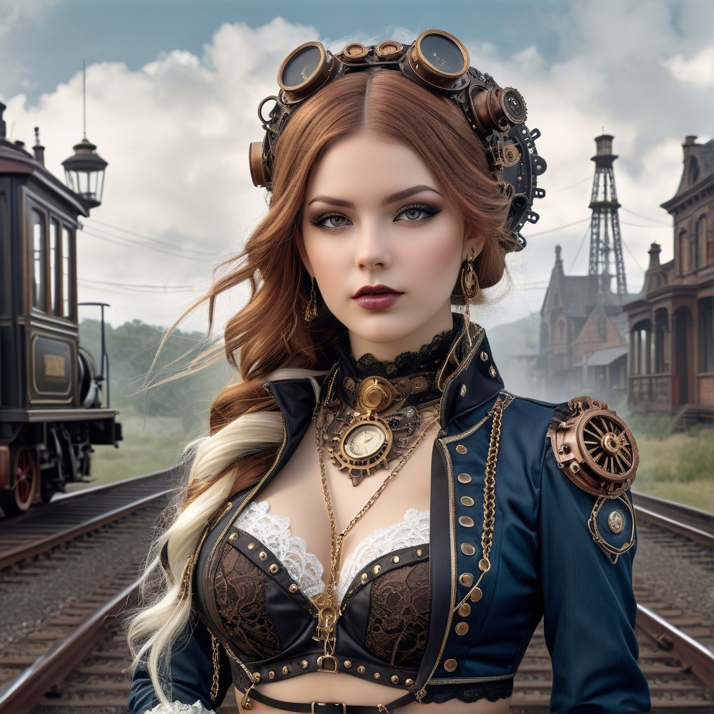 Steampunk Woman on Railway Platform with Vintage Elements
