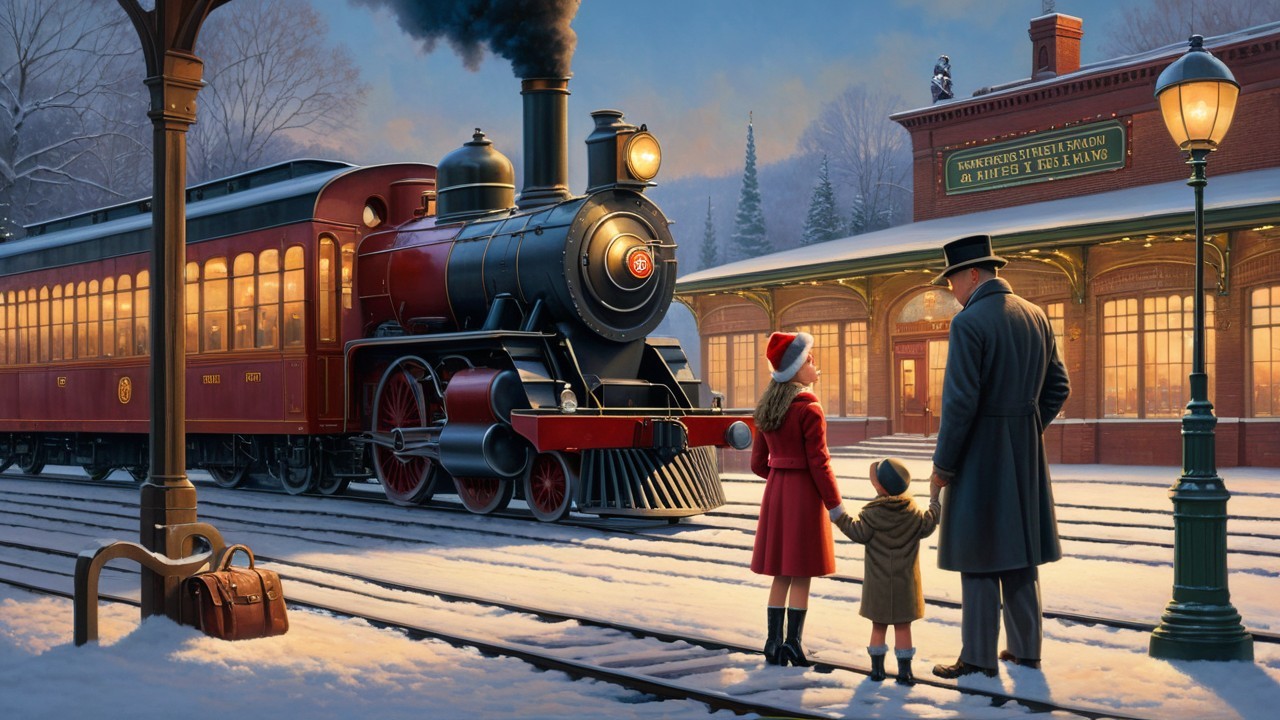 Family Observing Historic Steam Locomotive on Snowy Platform