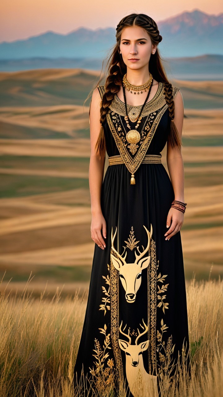 Young Woman in Black Dress in Sunlit Field