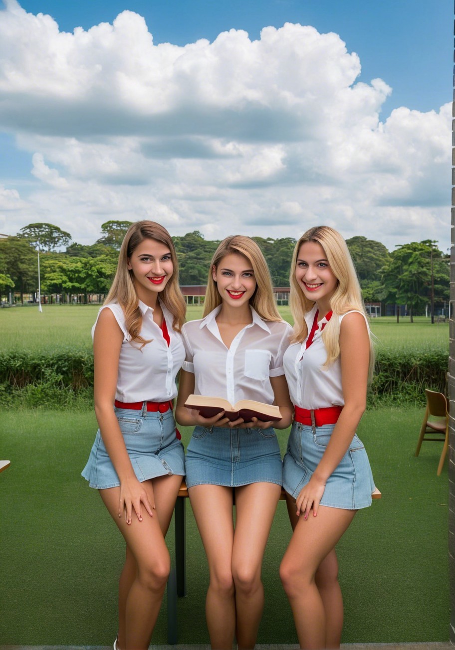 Young Women in Matching Outfits on Green Lawn