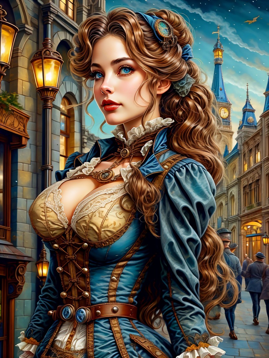 Steampunk Fashion: Elegant Woman at Dusk on Street