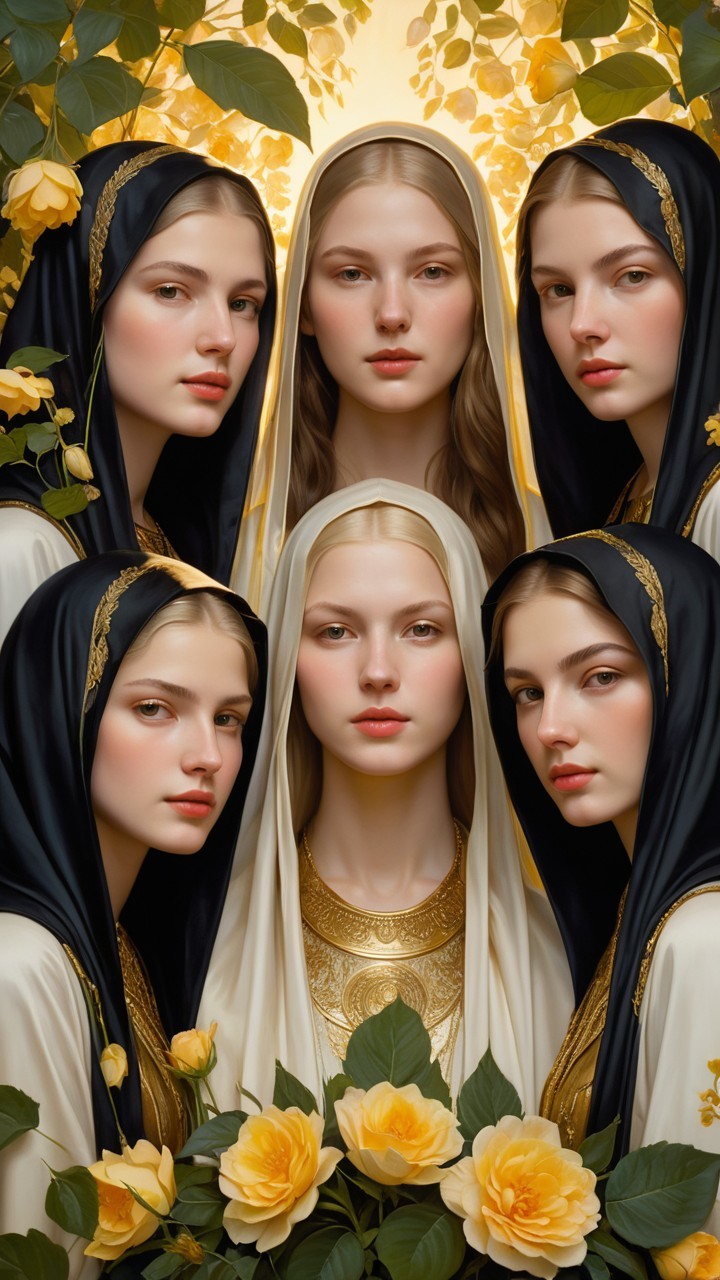 Ethereal Women in Flowing Robes Surrounded by Roses