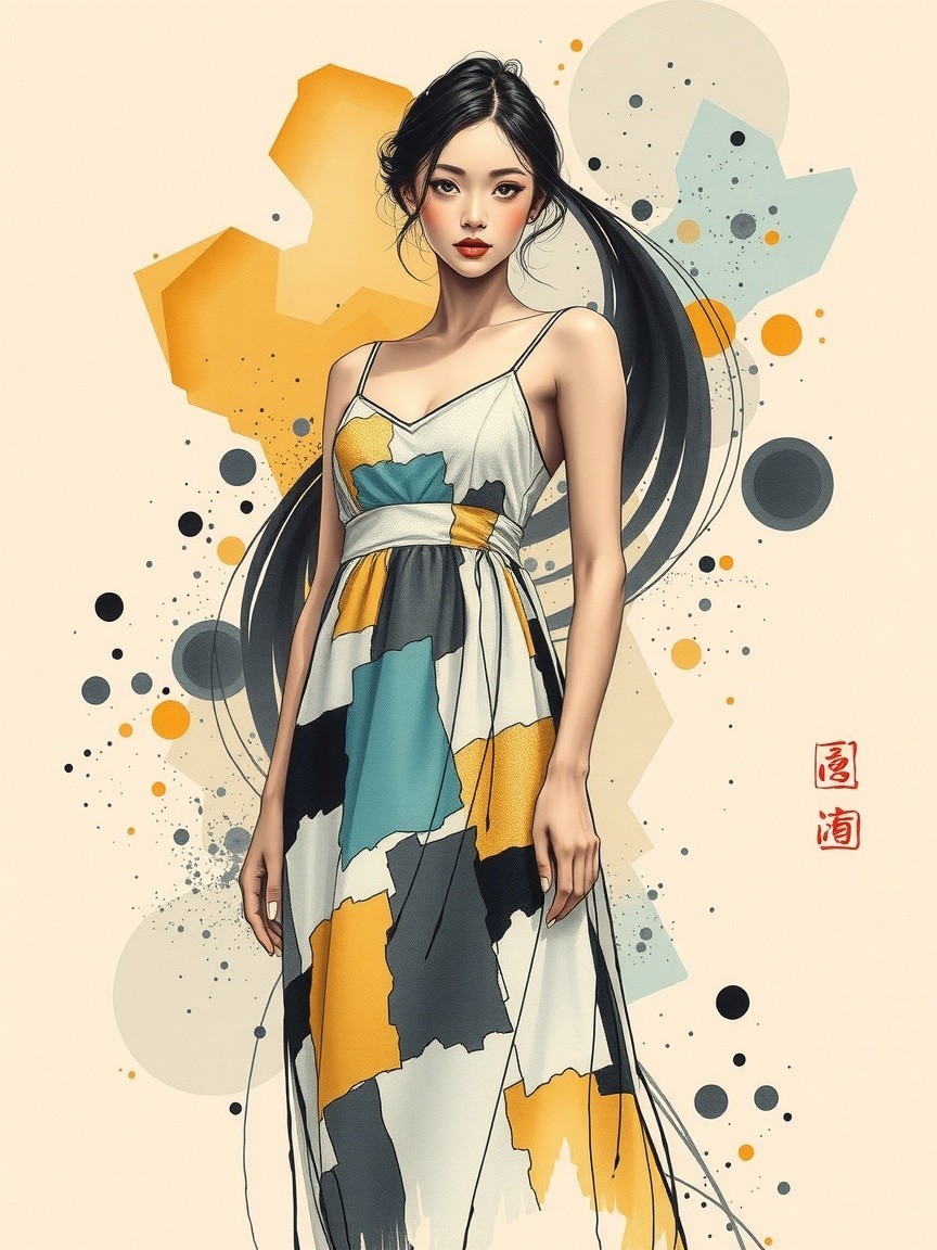 Stylish Young Woman in Vibrant Dress with Artistic Background