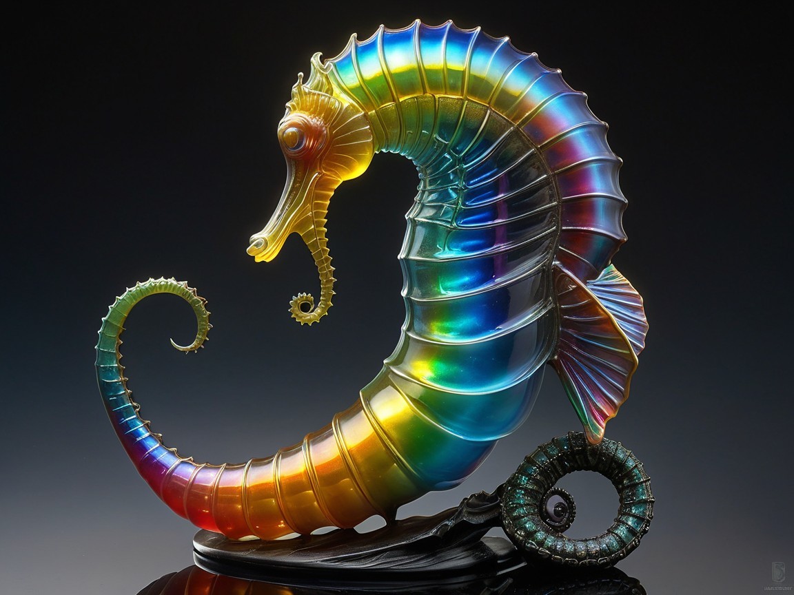 Rainbow Glass Seahorse Sculpture on Dark Background