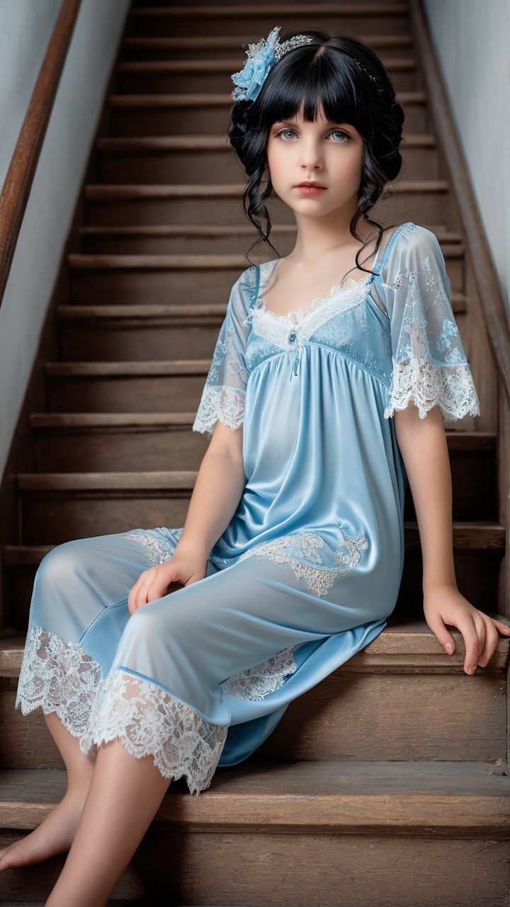 Young girl in light blue nightgown on wooden stairs