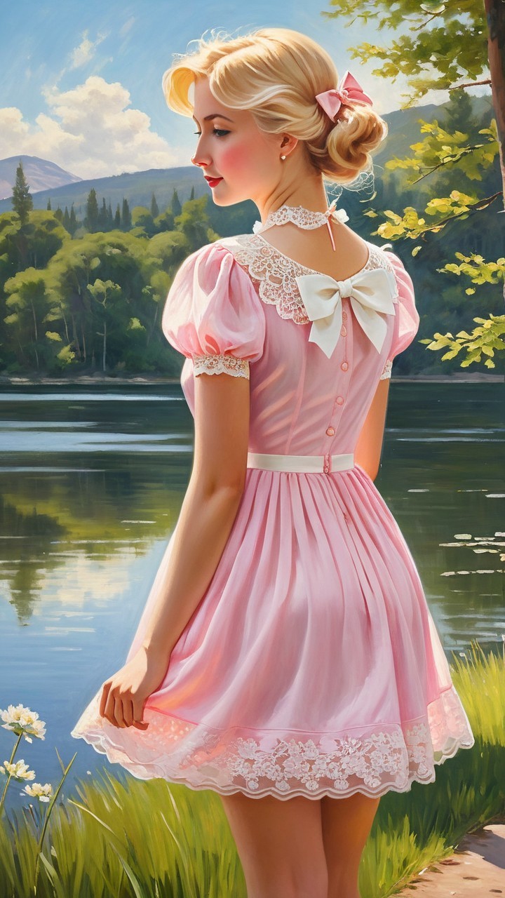 Young woman in pink dress by serene lake and mountains