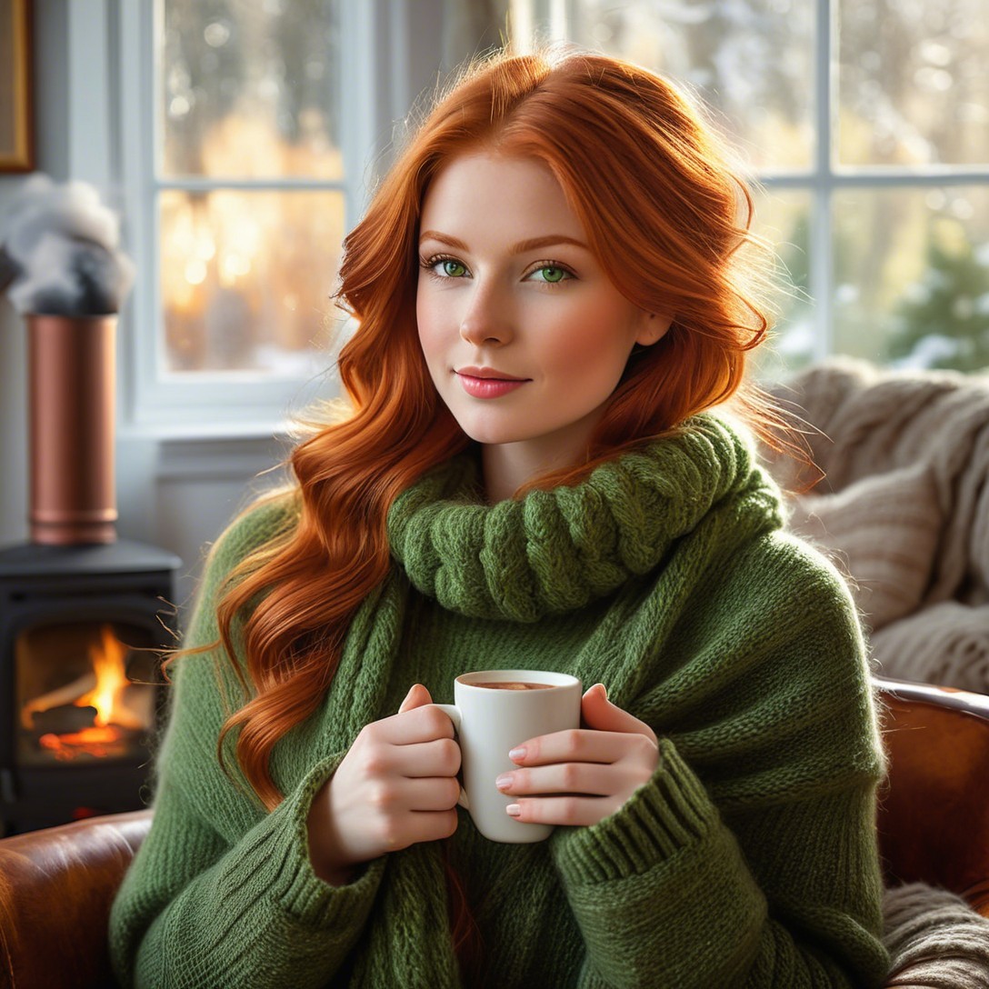 Ginger Woman in Sweater by Fireplace with Mug