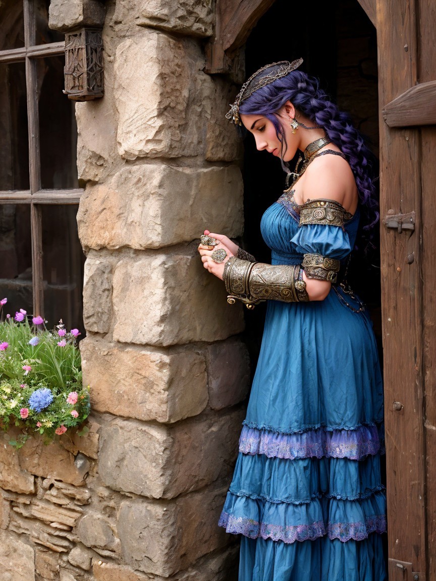 Woman in Blue Gown by Rustic Stone Wall