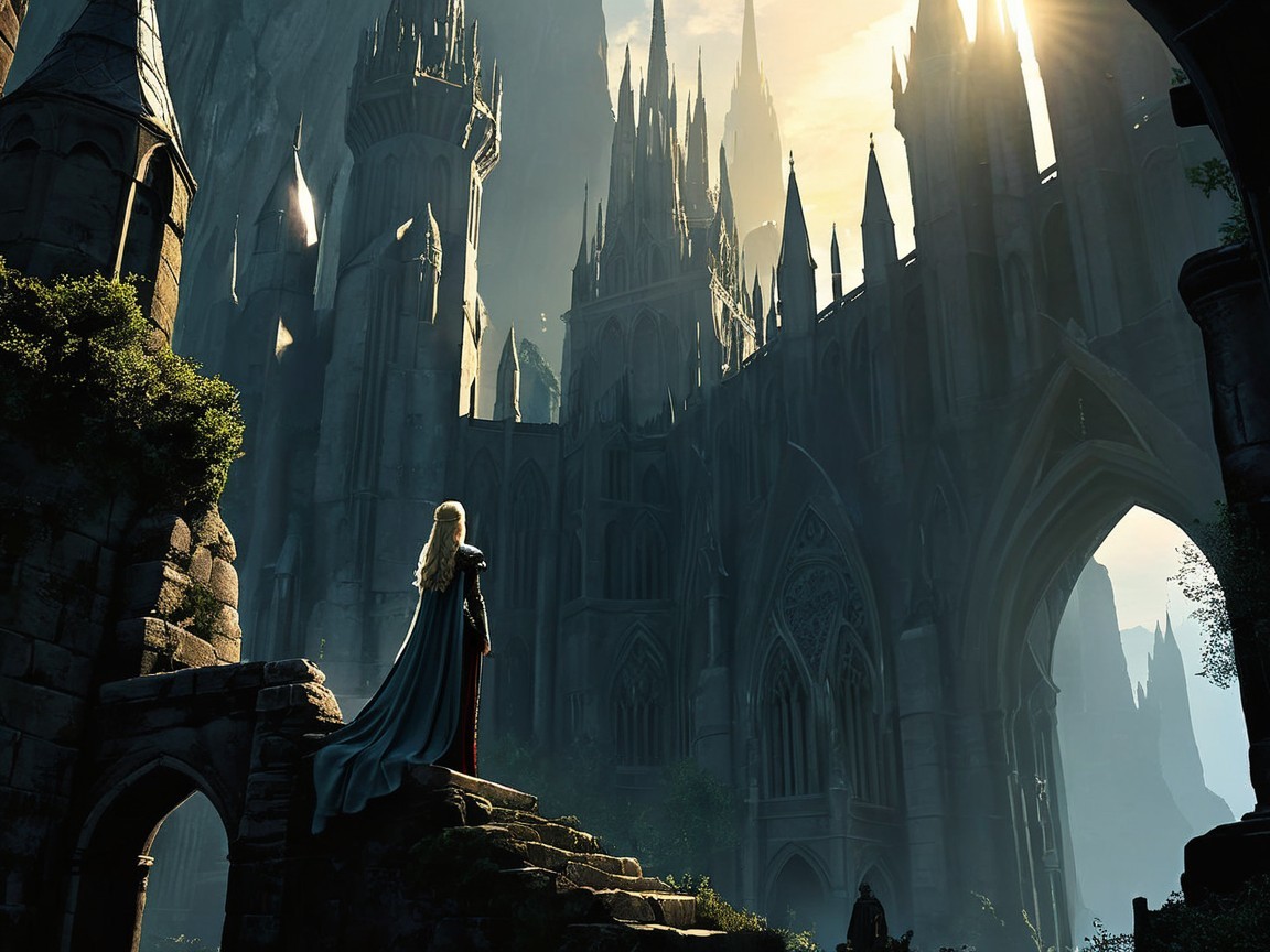 Majestic castle surrounded by cliffs and golden sunlight