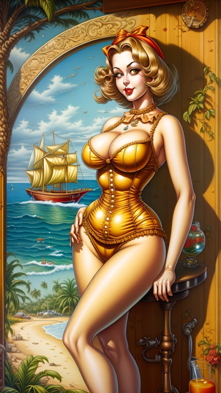 Vintage Pin-Up Girl in Bathing Suit at Beach Scene