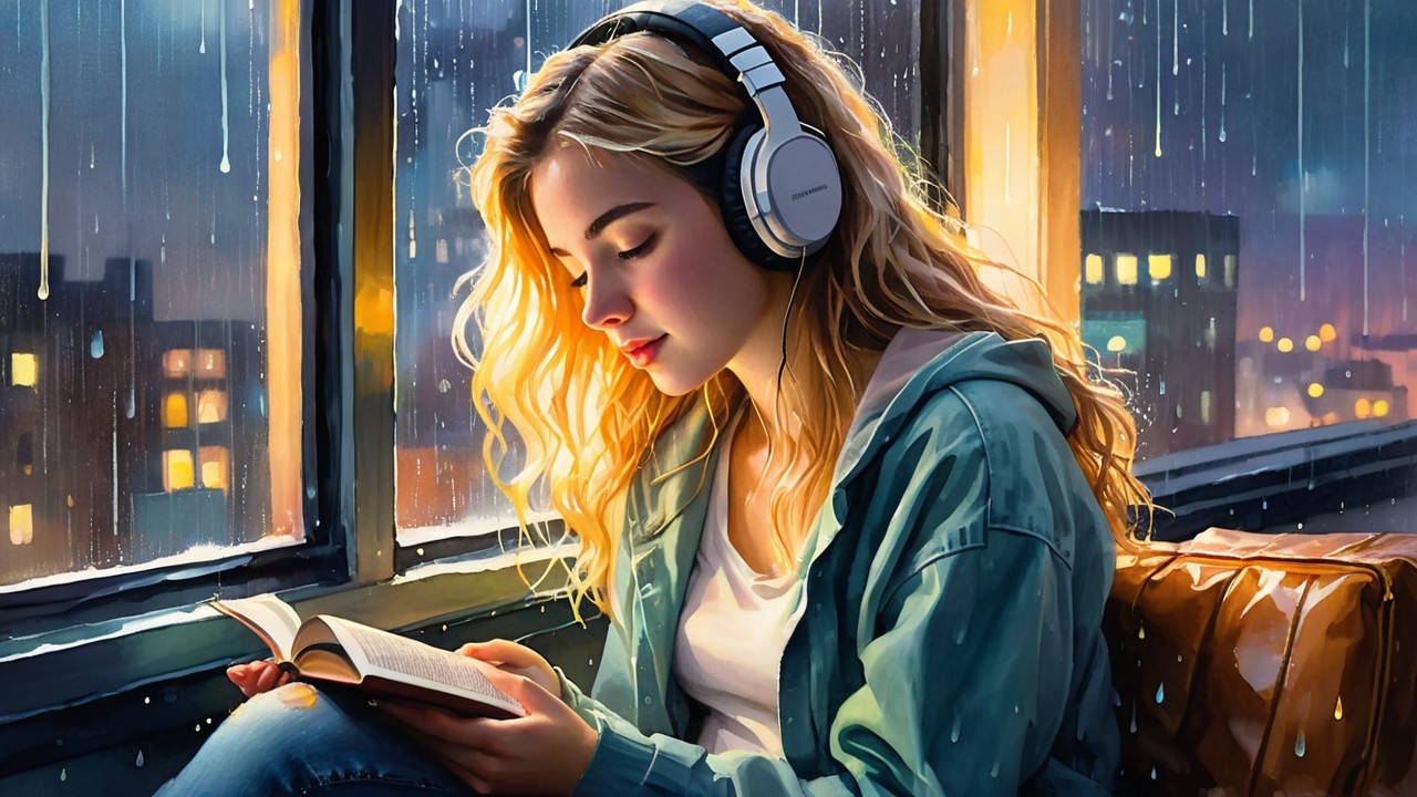 Young woman reading by a rain-soaked window