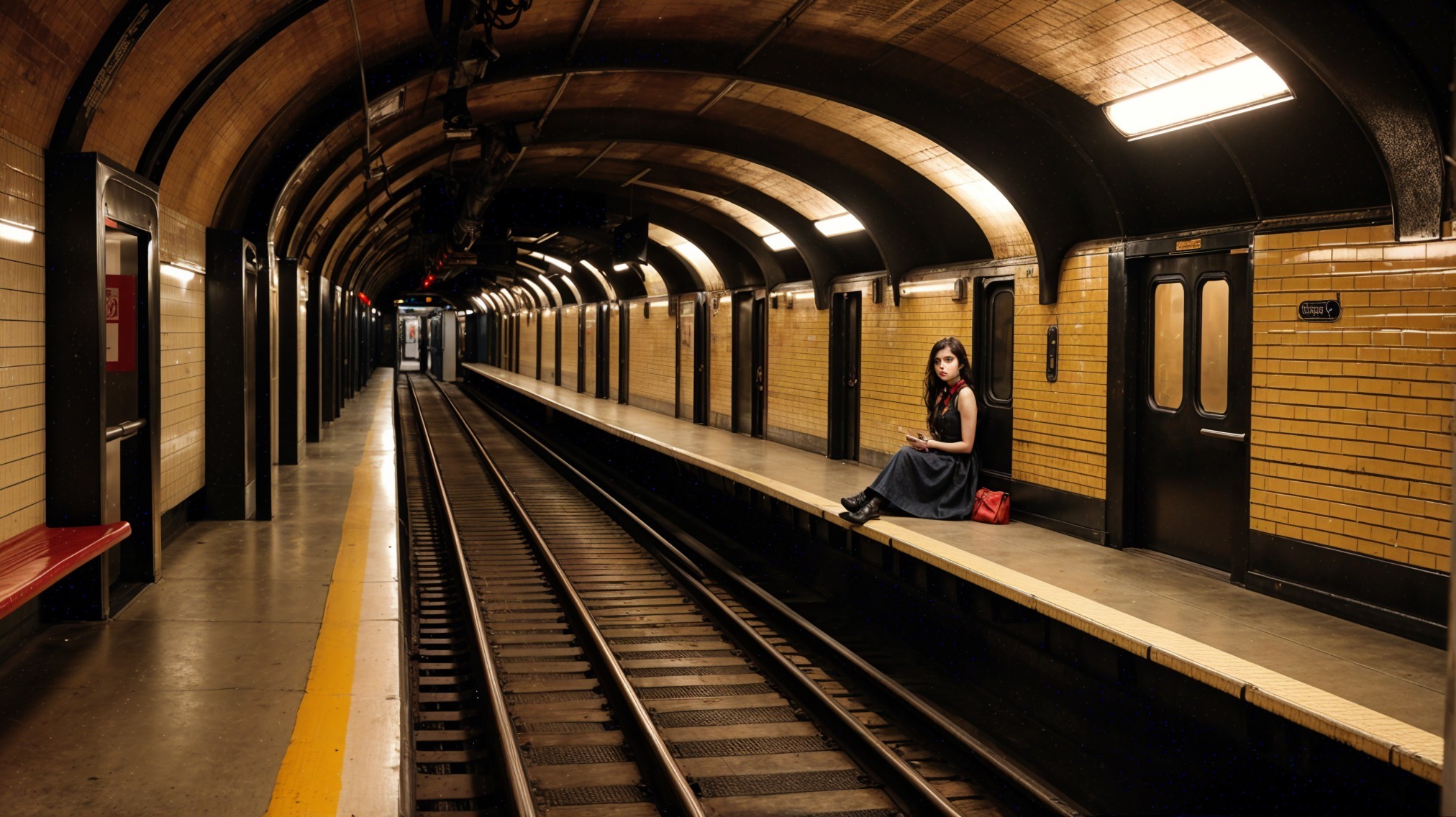 Dimly Lit Subway Station with Curved Tiled Walls