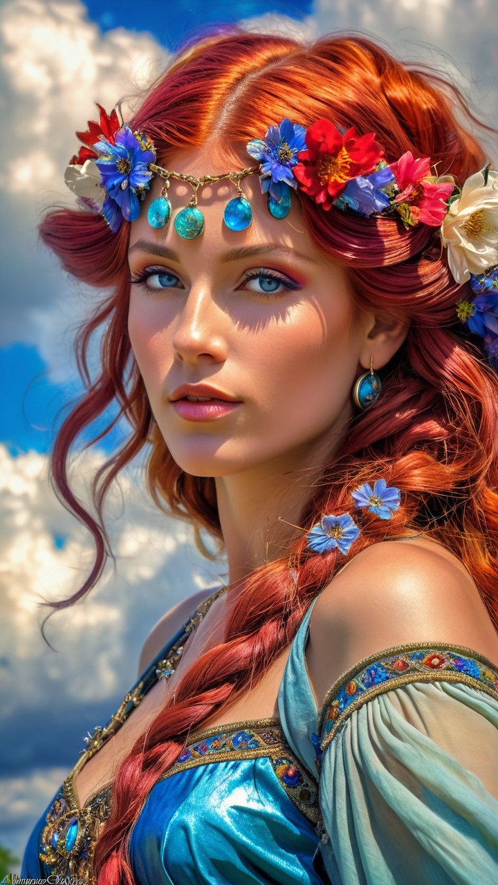 Portrait of a Young Woman with Red Hair and Floral Crown