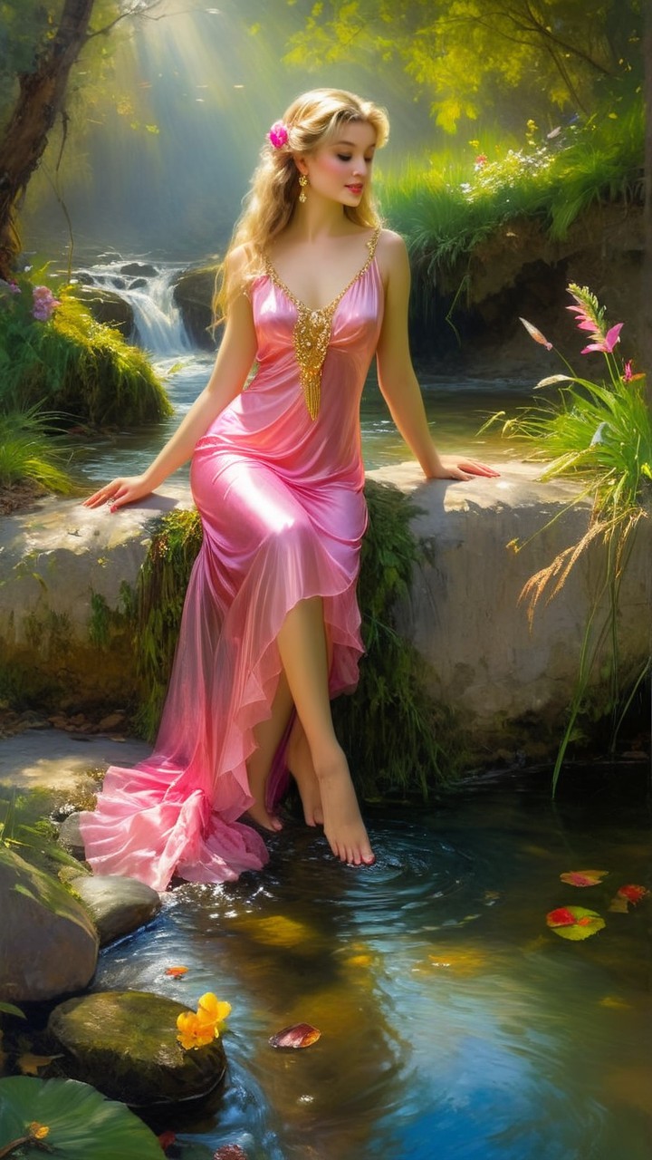 Woman in Pink Gown by a Gentle Stream in Nature