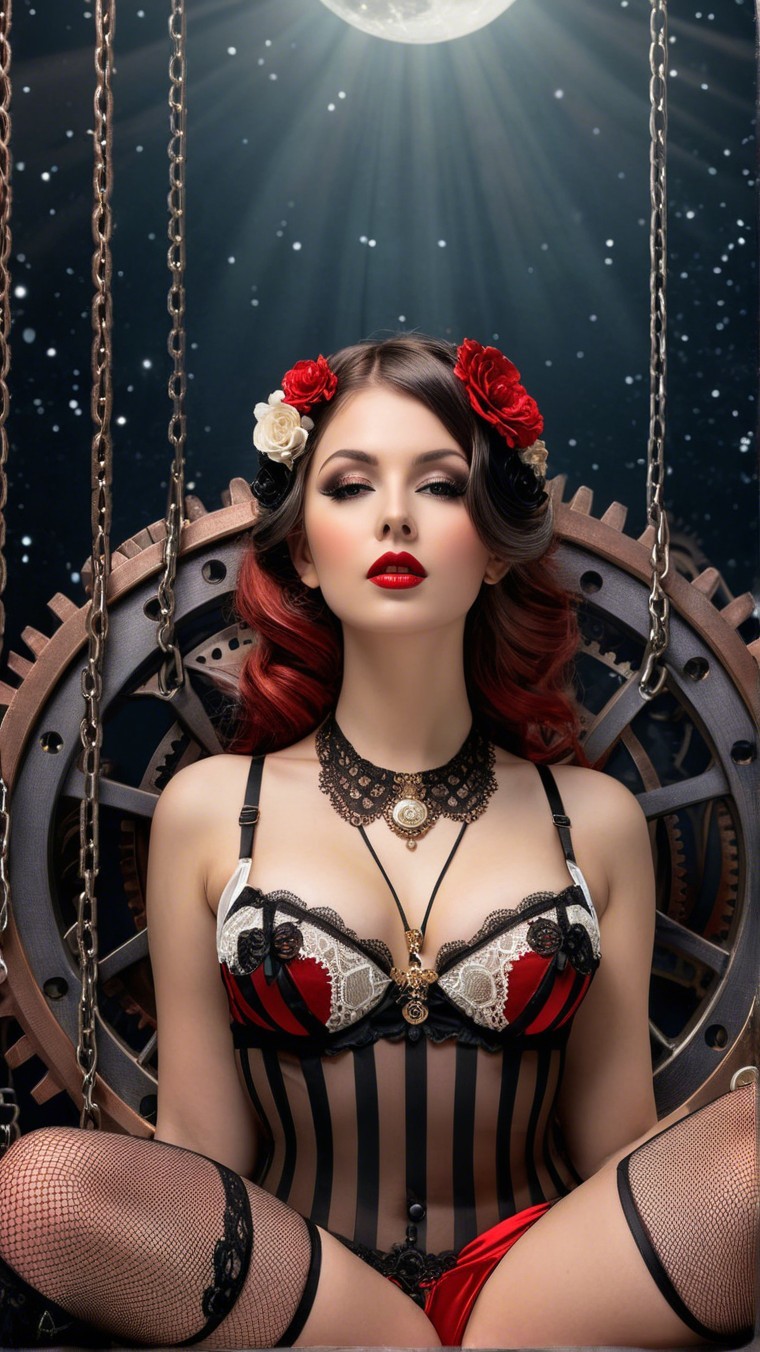 Steampunk Scene with Elegant Woman and Mechanical Gears