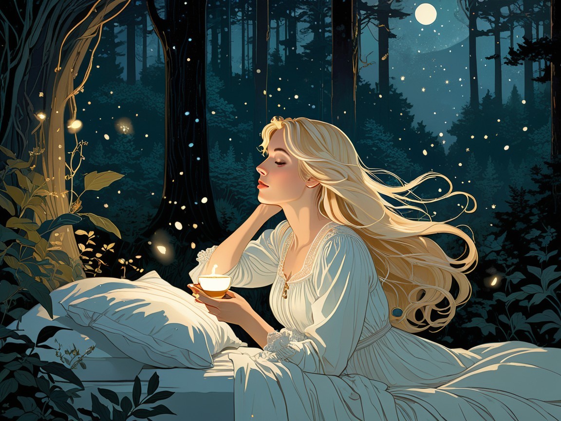 Serene Night Scene with Woman in White Gown