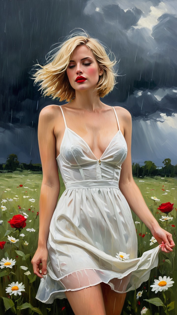 Young Woman in White Dress in Flower Field Under Stormy Sky