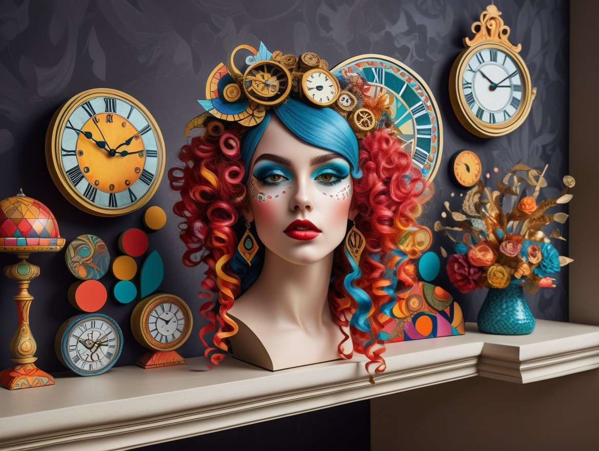 Mannequin with Colorful Hair and Clock Motifs