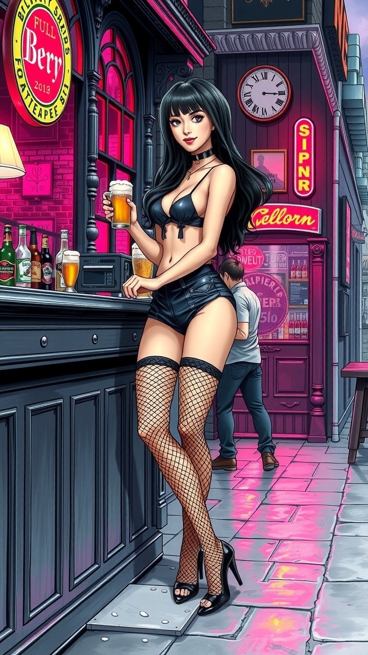 Chic Animated Woman in Pub Setting with Beer